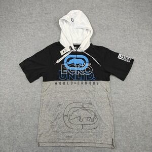 Ecko Unltd Hooded Shirt Mens Small Grey Marled Rhino Graphic Tee Colorblock New
